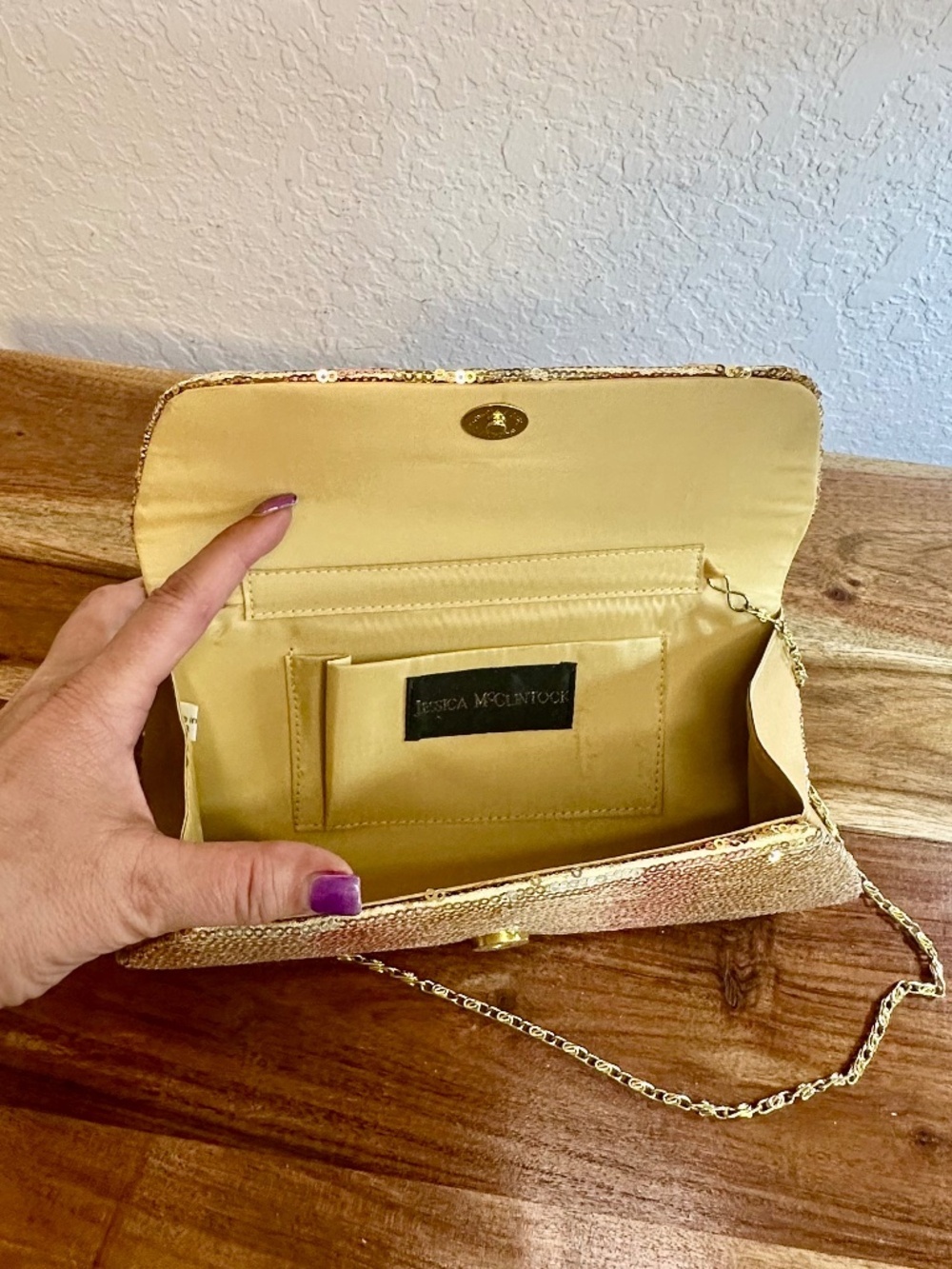 Jessica McClintock Gold Sequin Small Evening Bag - Picture 4 of 10